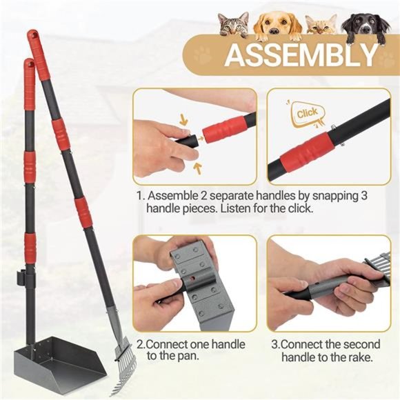 Dog Pooper Scooper, Dog Poop Tray and Rake Set with Long Stainless Handles - Picture 4 of 7